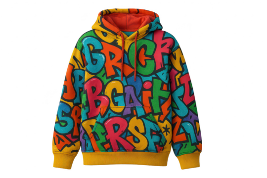 Vibrant graffiti letters hoodie, isolated on transparent background.