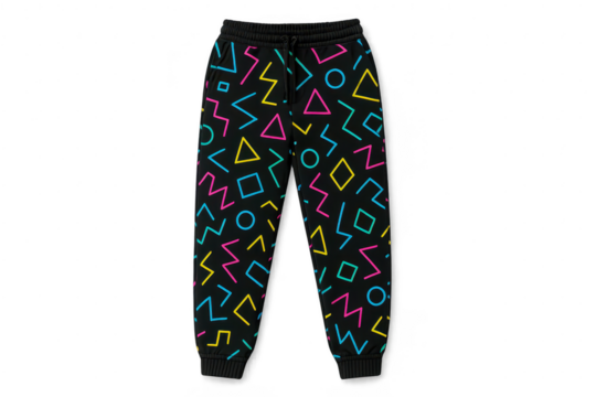 Retro patterned black sweatpants isolated on transparent background, 80s style fashion