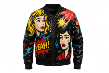 Stylish pop art bomber jacket with comic women isolated on transparent background.