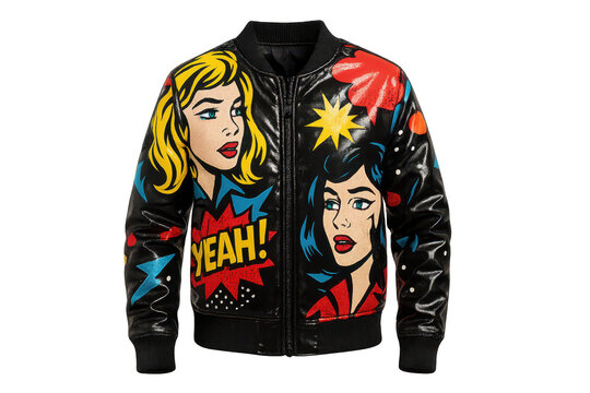 Stylish pop art bomber jacket with comic women isolated on transparent background.