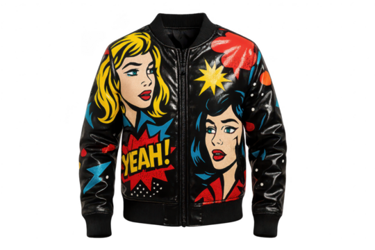 Stylish pop art bomber jacket with comic women isolated on transparent background.