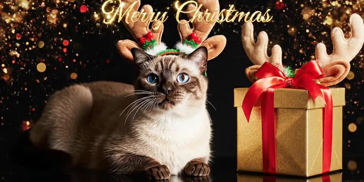 Merry Christmas concept holiday vacation winter greeting card with text - Cute cat with reindeer antlers and giftbox with red ribbon, isolated on black background