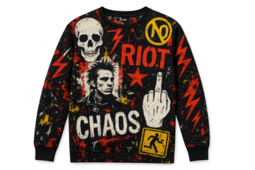 Black punk rock sweatshirt, isolated on transparent background, grunge.