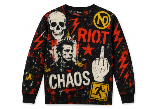 Black punk rock sweatshirt, isolated on transparent background, grunge.