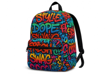 Vibrant graffiti backpack isolated on transparent background, modern design