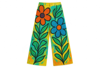Vibrant floral wide-leg pants, isolated on a transparent background