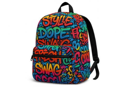 Vibrant graffiti backpack isolated on transparent background, modern design
