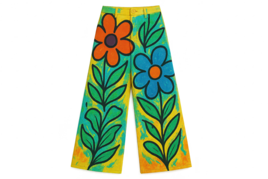 Vibrant floral wide-leg pants, isolated on a transparent background - Powered by Adobe