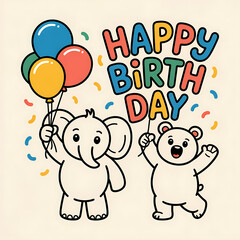 Obraz premium Delightful birthday celebration featuring adorable cartoon elephant and bear, complete with vibrant balloons and confetti for a joyful, festive kids party invitation