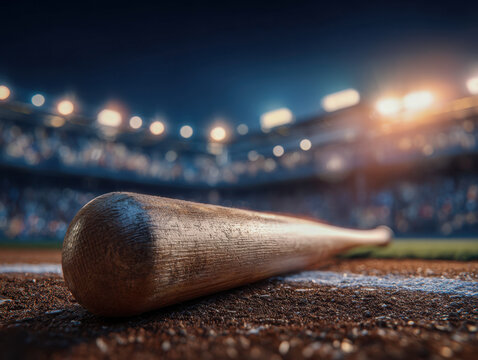Wooden baseball bat lying on home plate with stadium lights glowing and blurred audience in the background during an evening game
