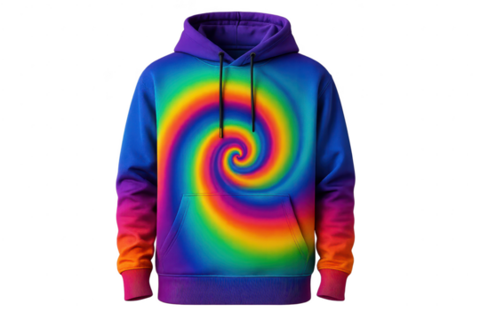 Vibrant rainbow spiral hoodie isolated on transparent background, trendy design