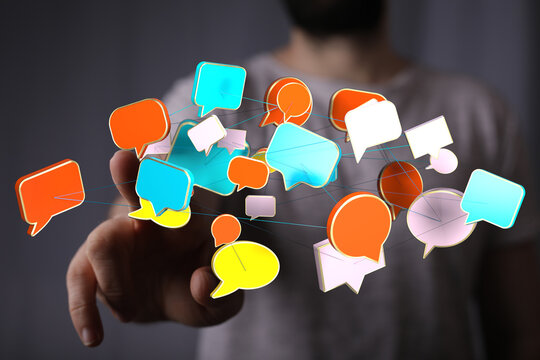 Person interacting with digital communication concept, messages, social media, connection, and data visualizati - Powered by Adobe