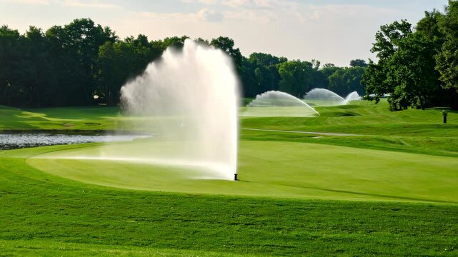 Automated irrigation system spraying water on a vibrant green golf course with trees and a small pond in the background on a sunny day