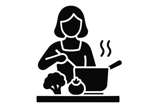 woman cooking simple healthy meal flat black solid vector illustration isolated on white background