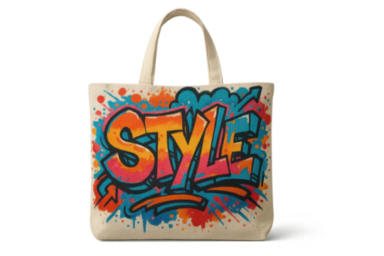 Colorful graffiti style tote bag isolated on transparent background, vibrant design