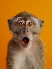 Obraz premium Surprised expressive monkey with wide eyes and open mouth reacting against a bright orange background in a humorous and captivating portrait style