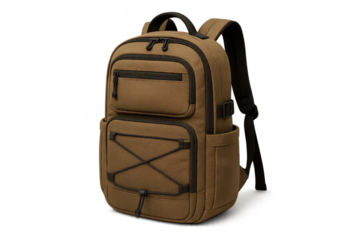 Tactical brown backpack, durable travel bag isolated on transparent background
