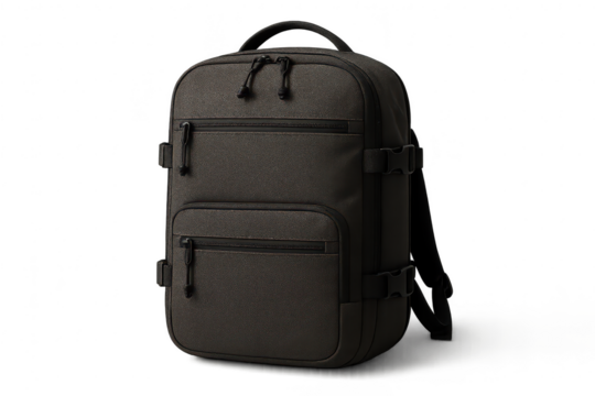 Modern dark gray textured backpack for travel and daily use, isolated on transparent background.