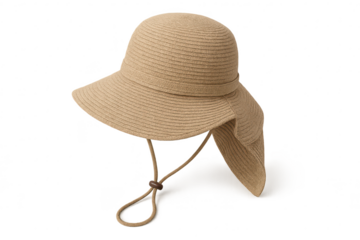 Beige straw sun hat with neck flap isolated on transparent background for summer.