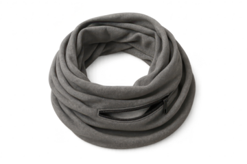 Cozy grey infinity scarf with zipper pocket, isolated on transparent background