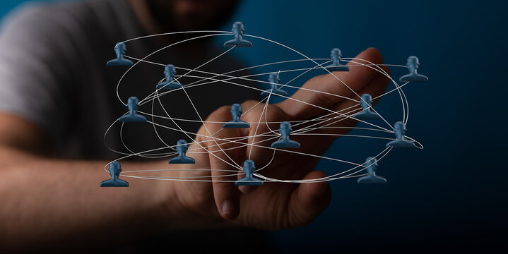 Connecting dots, network of people conceptual illustration with hand interacting with digital icons and lines of connection. Teamwork and social