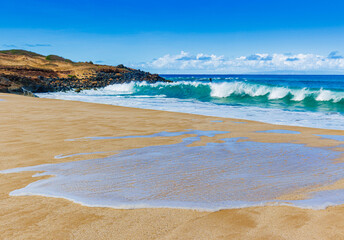Large Green Waves Breaking on The Sandy Shore of Popahaku Beach Molokai, Hawaii, USA
