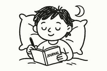 handdrawn cute doodle style person journaling before sleep vector line illustration