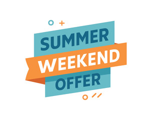 Flat vector banner design text Summer Weekend Offer bold geometric font light blue and orange palette ribbon folded shape