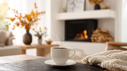 Obraz premium Cup of hot coffee on table in modern living room with a fireplace and autumn decor