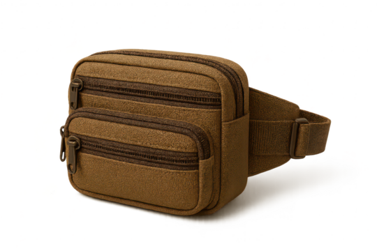 Brown fanny pack isolated on a transparent background, practical travel accessory.