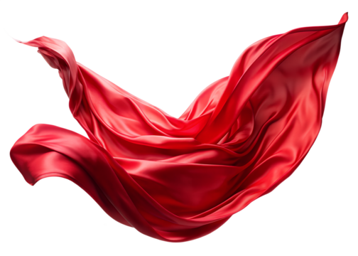 Flowing red silk fabric on transparent background 