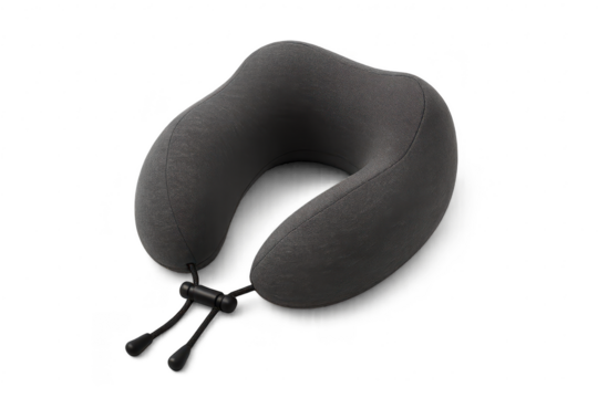 Ergonomic grey U-shaped neck pillow isolated on transparent background, perfect for travel.