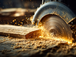 Cutting through wood with a circular saw creating sparks and wood particles in motion