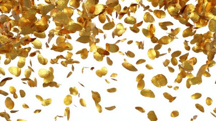 Golden confetti falling, isolated on white background, clean edges, festive and celebratory PNG for overlays and party-themed designs