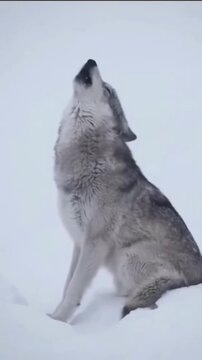 A lone wolf howling against a snowy landscape, its breath visible in the cold air