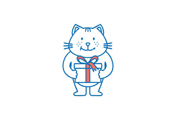 A cheerful cat character with blue outline is holding a wrapped present with ribbon