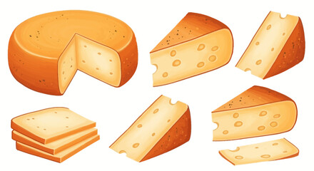 Illustration of cheese wheel, wedges, and slices on white.