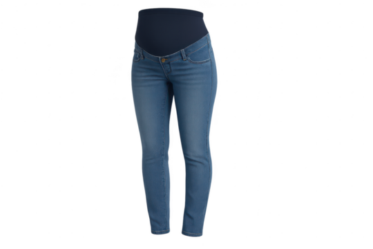 Blue maternity jeans with elastic waist isolated on transparent background