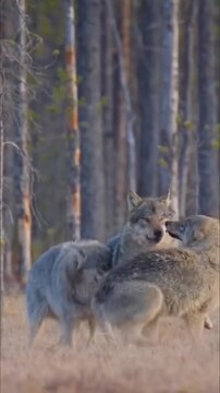 Two gray wolves are engaged in a fierce fight amidst a dense forest backdrop