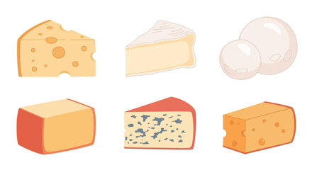 Illustration of various types of cheese, including cheddar, brie, and mozzarella.