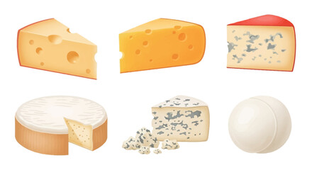 Illustration of various types of cheese, including swiss, brie, and blue cheese.