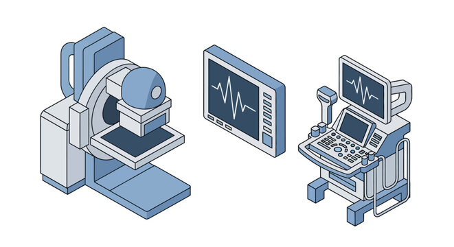 Medical imaging equipment: CT scanner, monitor, and ultrasound machine in isometric view.