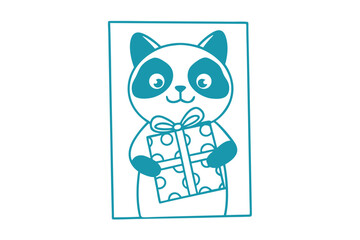 Cute panda character holding a present with polka dots stands within rectangular teal border