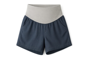 Navy blue maternity shorts with light grey comfort band, isolated subject.