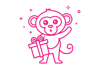 Hot pink monkey enthusiastically waving while holding a gift box looks excited