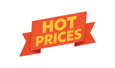 Flat vector banner design text Hot Prices bold geometric font red and palette ribbon folded shape