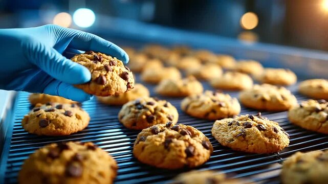 Freshly baked chocolate chip cookies inspected on a production line, a gloved hand checks quality on a conveyor belt in a food factory, industrial baking process for sweet snacks a