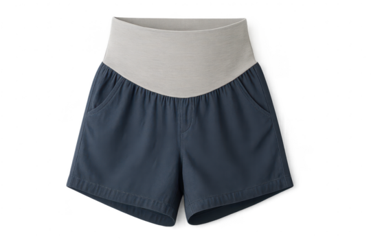 Navy blue maternity shorts with light grey comfort band, isolated subject. - Powered by Adobe