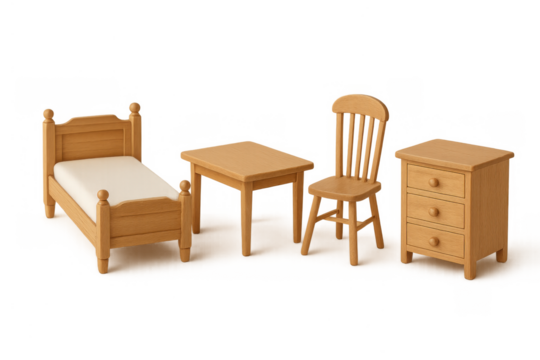 Dollhouse wooden bedroom furniture set with bed, table, chair, and nightstand in miniature scale, objects on transparent background