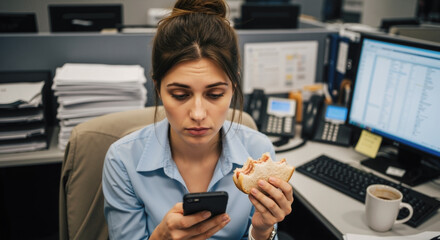 A serious office worker sits at her cubicle desk looking at her phone while quickly eating a sandwich during her busy lunch break.